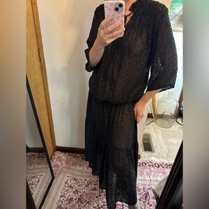 H&M Black Metallic Semi Sheer Tiered Whimsy Goth Midi Dress